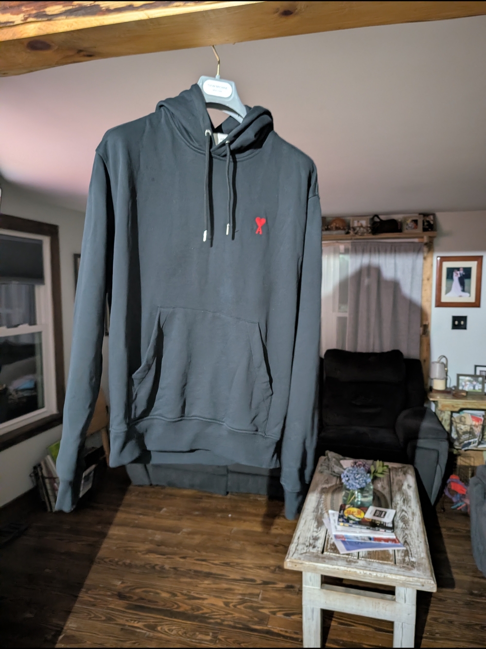 Ami Black Hoodie with Small Red Heart Patch Size Men's medium